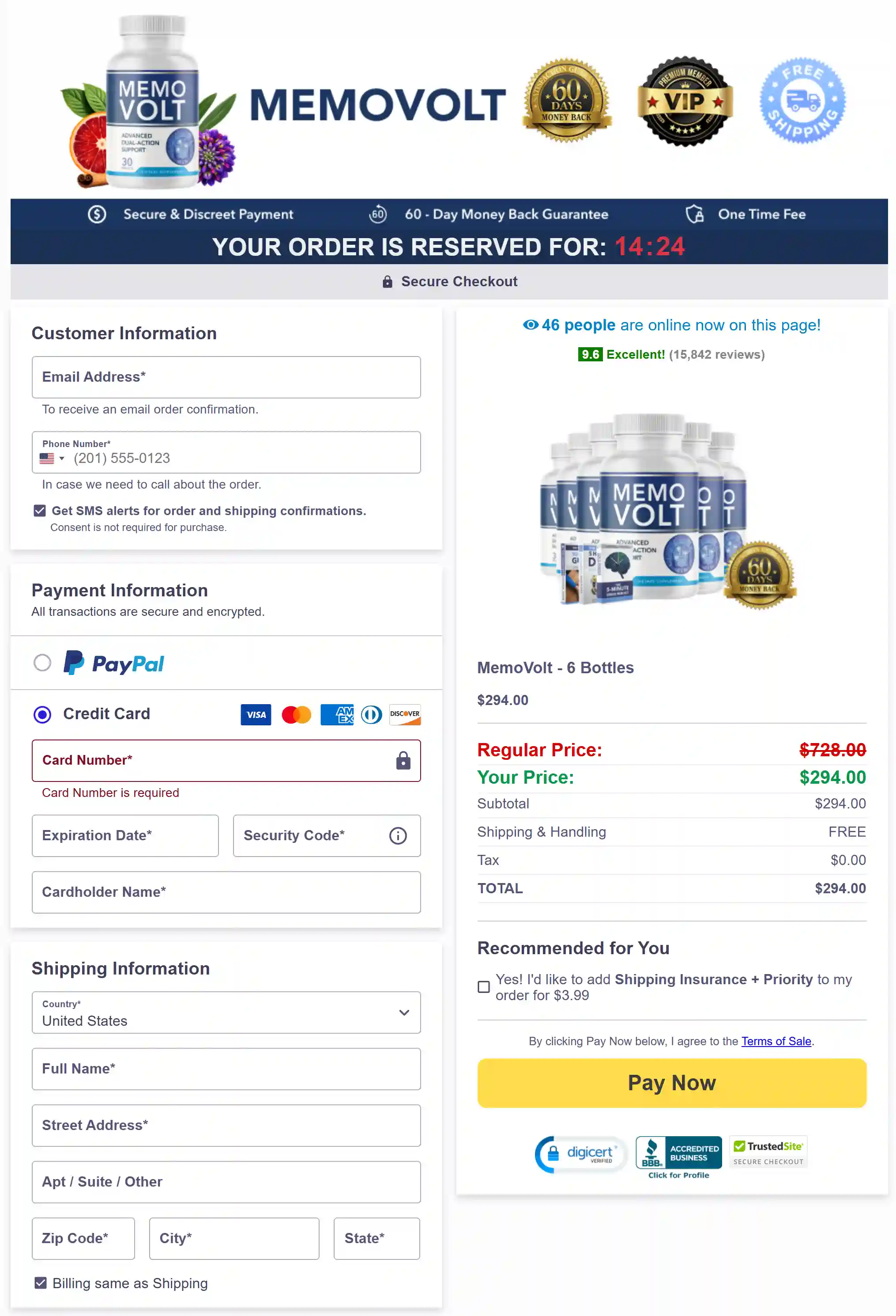 MemoVolt™ secure checkout page